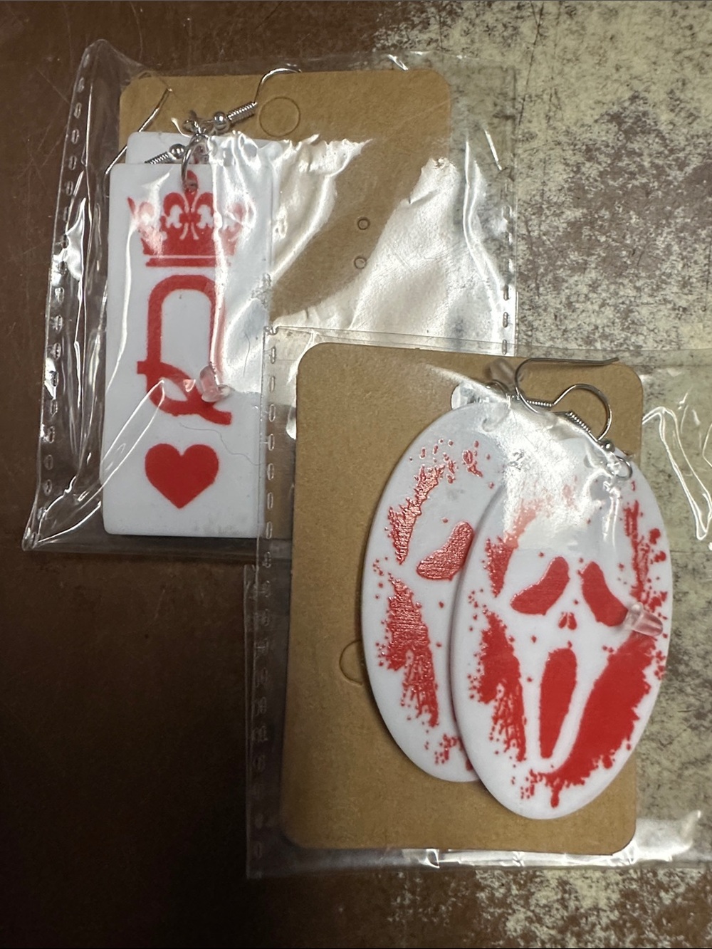 White and Red Graphic Earrings - Ghost Face & Crown Heart Designs
